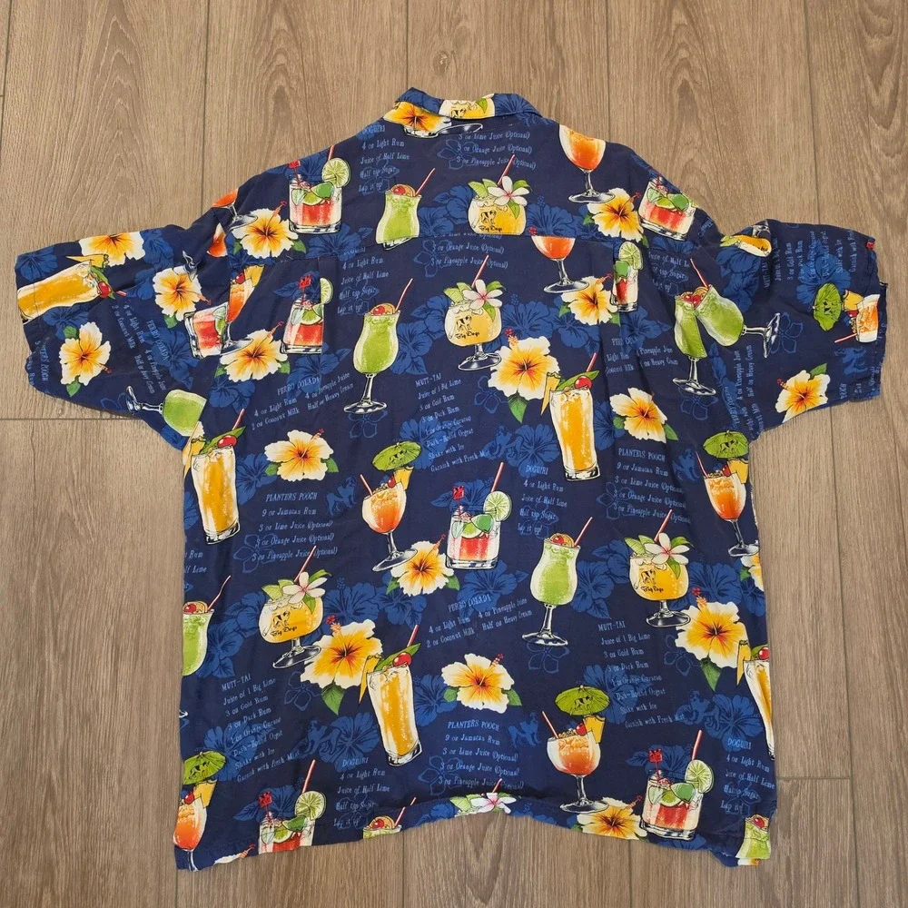 Big Dogs Mens Large Hawaiian Shirt Navy Blue Cocktail Drink rayon vintage y2k